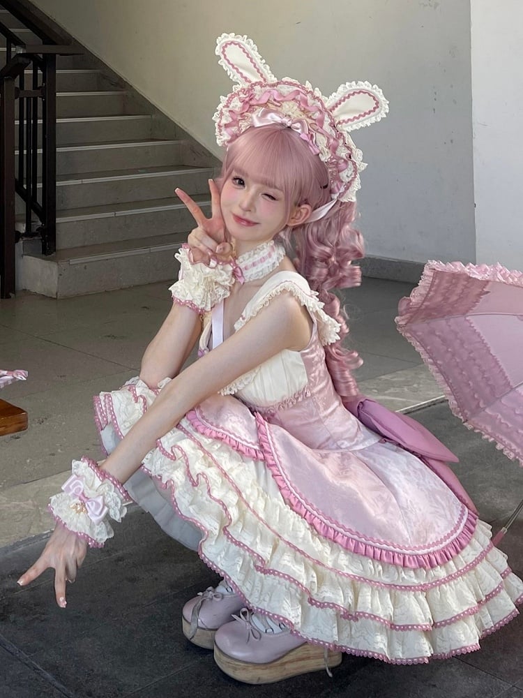 【12月17日予約締切】ピンクフローラルスイートロリータティアードドレス＋うさ耳ボンネット＋アクセサリー