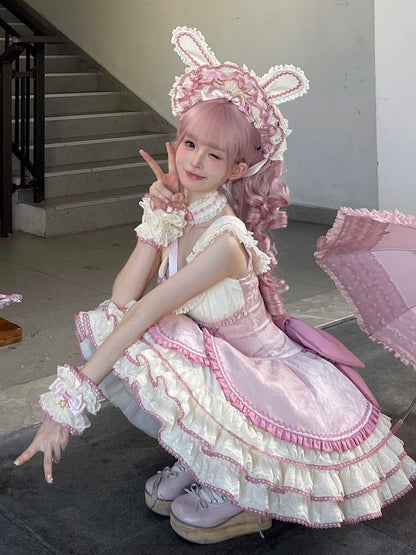 【12月17日予約締切】ピンクフローラルスイートロリータティアードドレス＋うさ耳ボンネット＋アクセサリー
