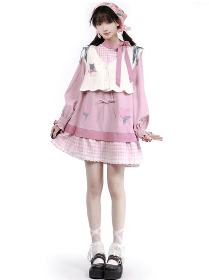 Dreamy Pink Forest Girl Layered Knit Shirt Skirt Suit