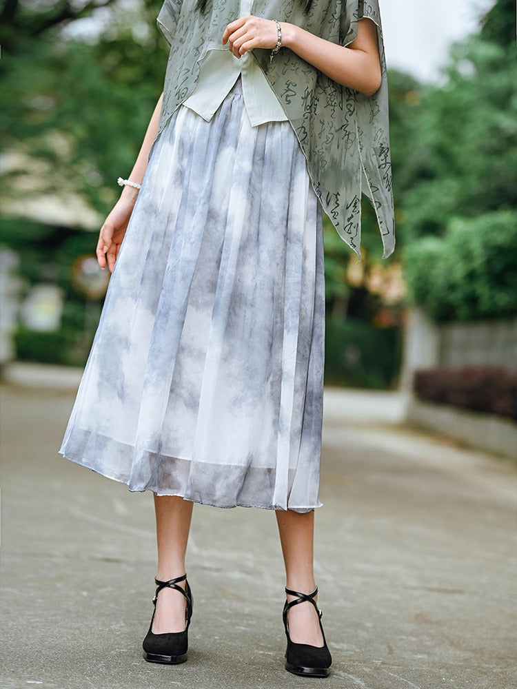 Smoke rain print chiffon sheer long skirt