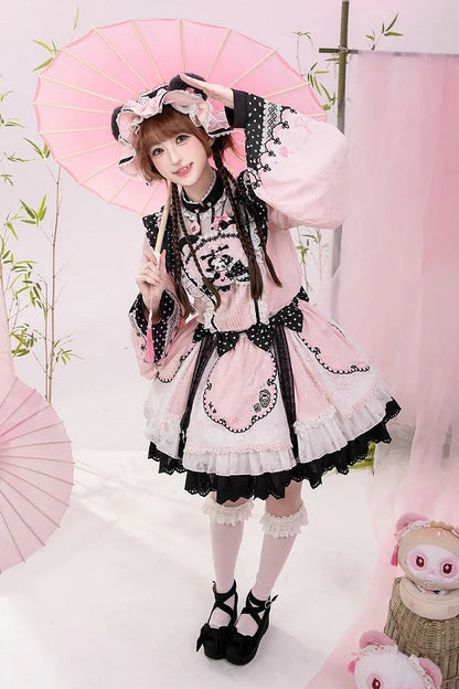 [Pre-order Deadline: October 25] Pink/White/Green Chinoiserie Lolita Sweet Panda Polka Dot Lace Apron Ruffle OP Dress