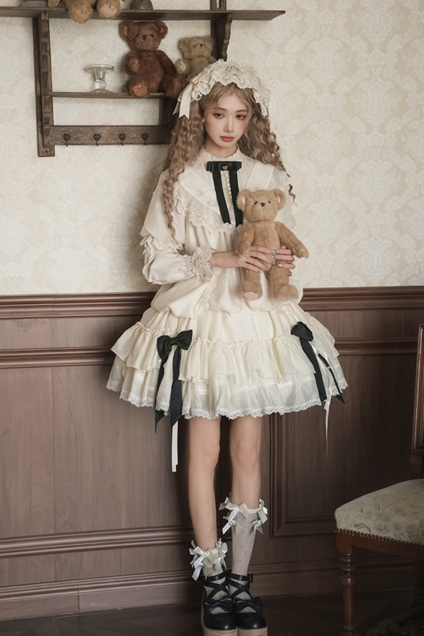 【予約商品】ローズフリルロリータドレス+ドレス＋ベルト＋ブローチ＋リボン＋ヘッドバンド＋スリーブ