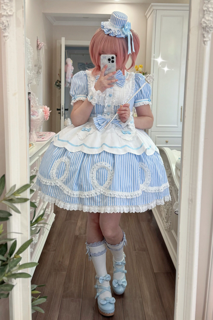 [Vorbestellung] Retro-Puppenartiges Lolita-Kleid + Haarband + Clip + Haube + Hut