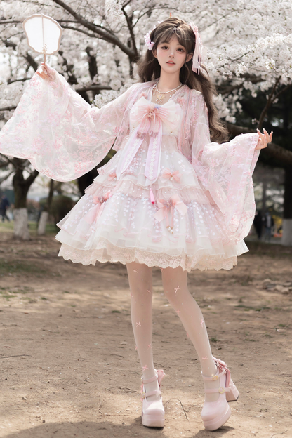 사쿠라 스위트 차이나 로리타 셔츠 + 목걸이 + 리본 + 베일 + 클립