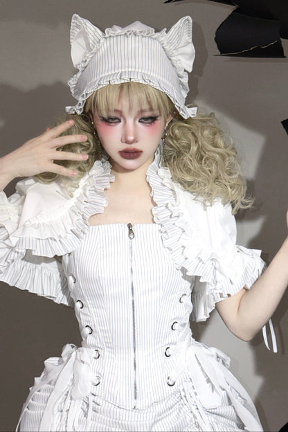 [Vorbestellschluss: 8. August] Gothic-Lolita Dark-Cat gestreifte kurze Rüschenjacke+Korsett-Bustier+hochziehbare kurze Rüschenshorts