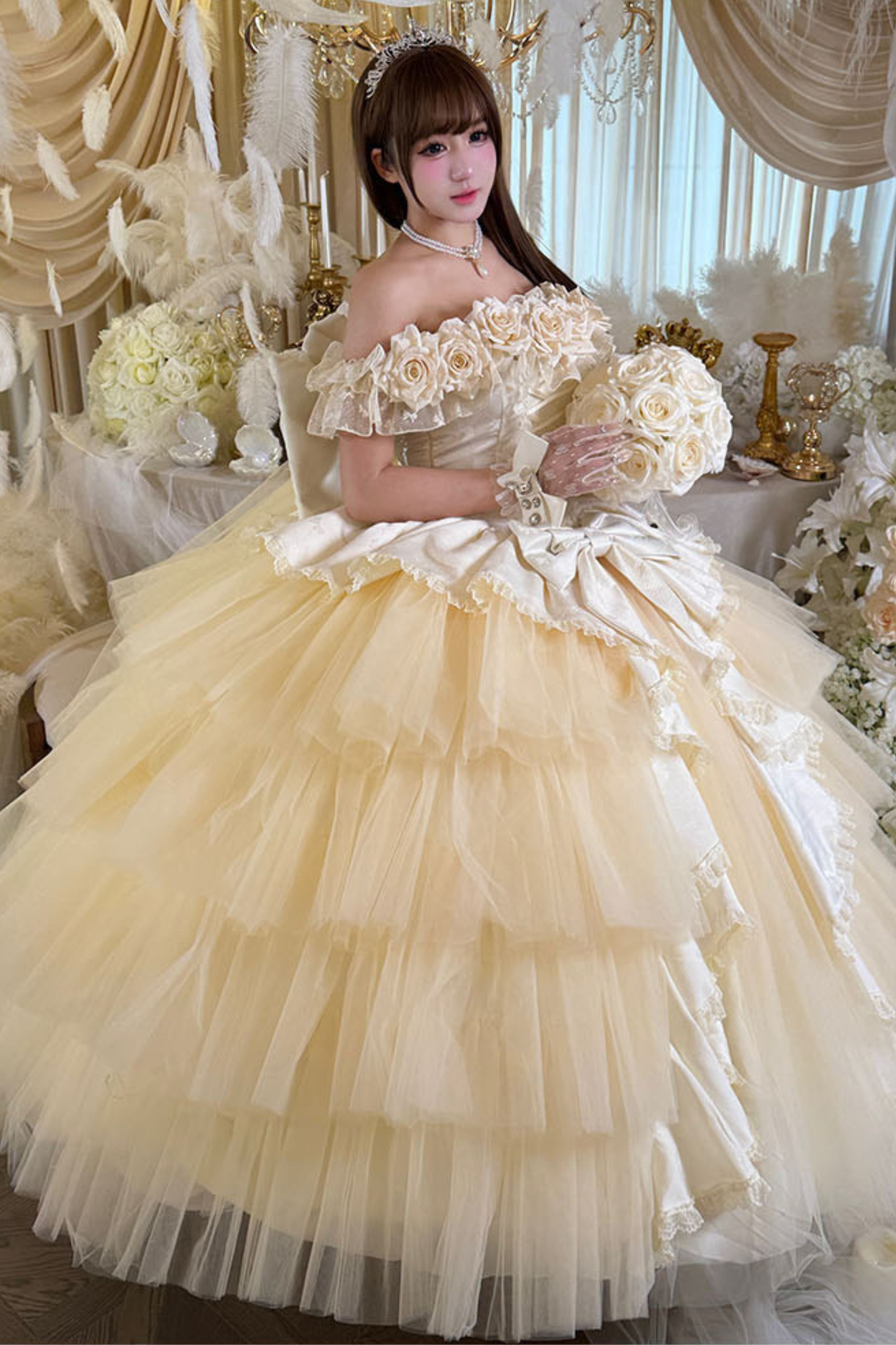 [예약상품] 4월 4일 예약마감]애프리콧 웨딩 로리타 원피스+숄+소매+리본 테일+베일