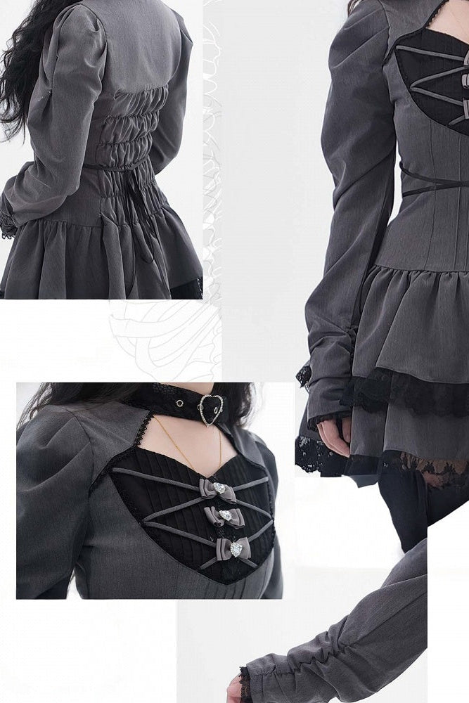 [Reservierungsschluss 28. September] Pink x Schwarz/Grau x Schwarz Gothic-Kleid mit herzförmigem Ausschnitt, Gürtelkragen, Spitzenbesatz und Schleifendetail
