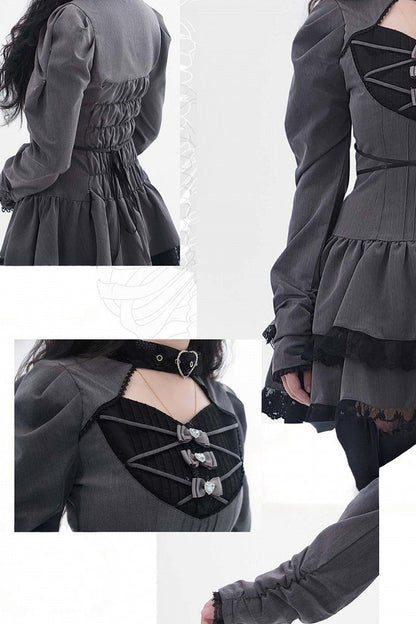 [Reservierungsschluss 28. September] Pink x Schwarz/Grau x Schwarz Gothic-Kleid mit herzförmigem Ausschnitt, Gürtelkragen, Spitzenbesatz und Schleifendetail