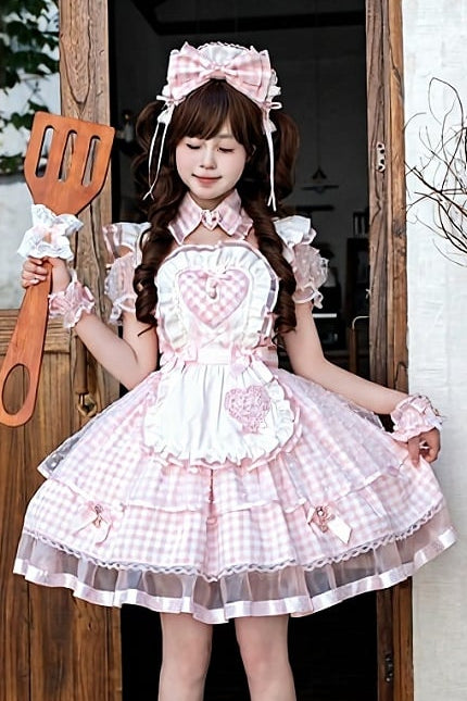 [Vorbestellschluss: 13. Juni] Rosa Vichy-Karo-Schürzenkleid mit freien Schultern, Puffärmeln und Schleife (mit Kragen-Choker) + Haarreif + Handgelenkmanschetten