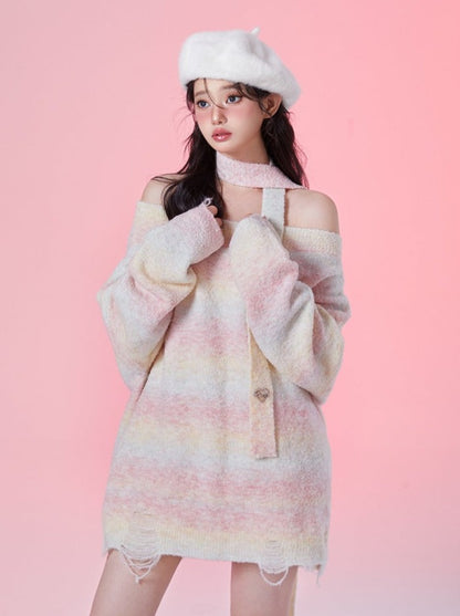 Rainbow Candy Off-Shoulder Wax Lazy Sweater