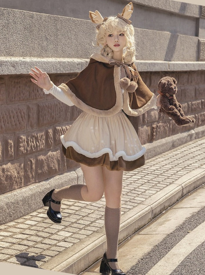 Brown Fur Cape + Fur Suspender Skirt + Leg Warmers