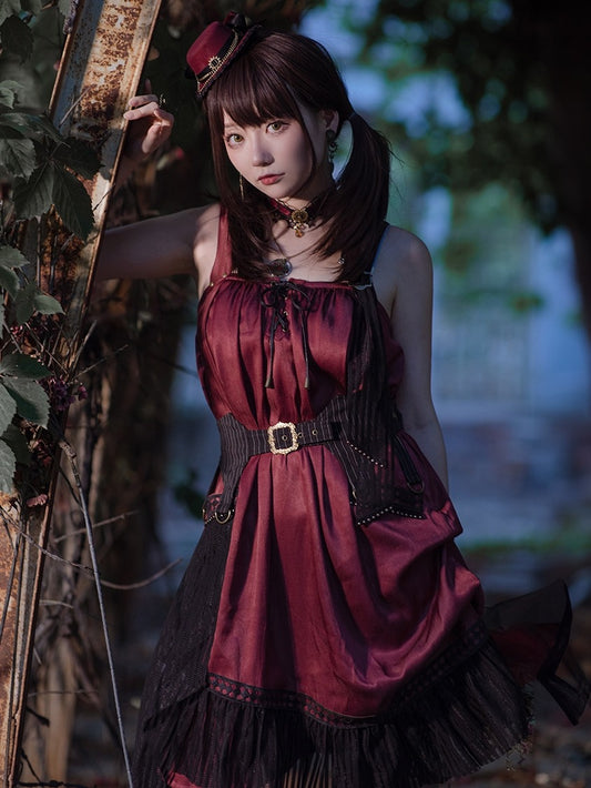 [Reservations] Wine Red Shoulder Strap Light Gothic Doll Asymmetrical Dress