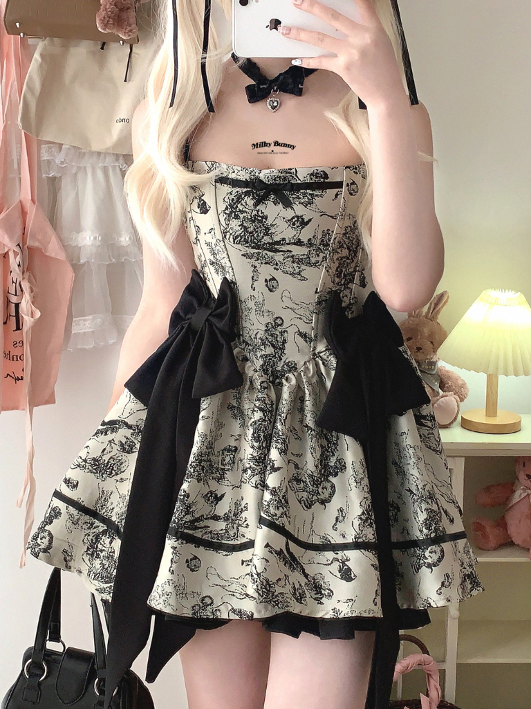 Dark Night Banquet Jacquard Retro Strapless Fishbone Ribbon Dress