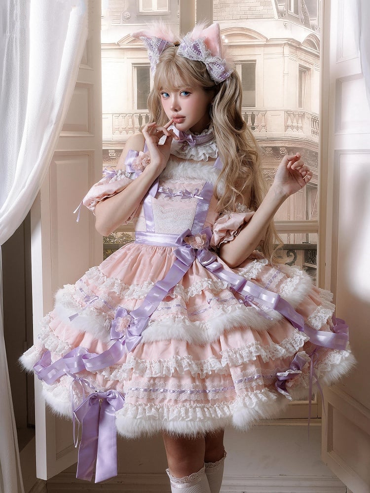 【12月26日予約締切】キャットファンタジーピンクパープルファーリボンティアードドレス＋猫耳ヘッドKC＋レースチョーカー