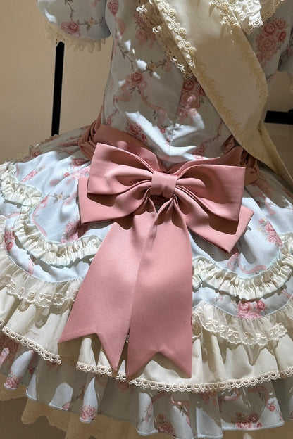 [Reservierungsschluss 7. September] Pink-blaues süßes Lolita-Stufenkleid mit romantischem Rosenprint