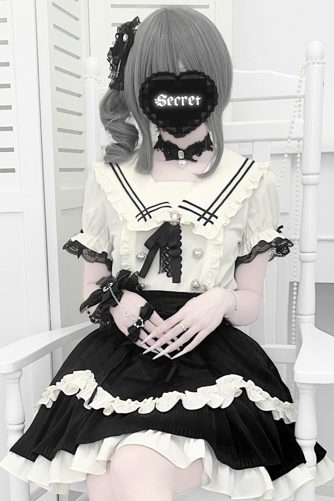 地雷ラインセーラートップス+フレアスカート