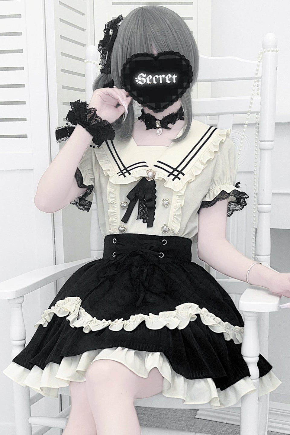 地雷ラインセーラートップス+フレアスカート