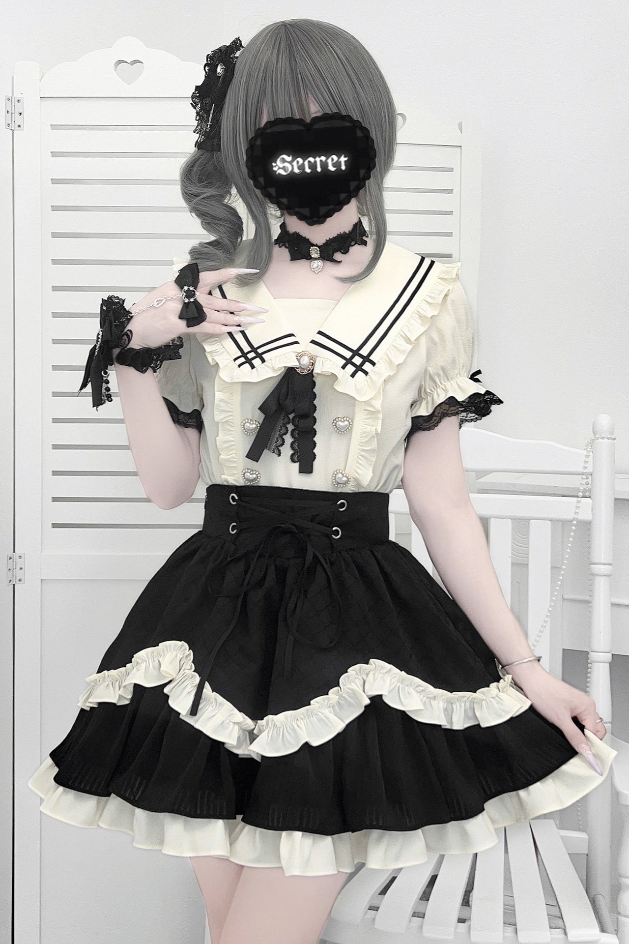 地雷ラインセーラートップス+フレアスカート