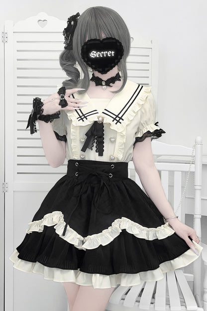 地雷ラインセーラートップス+フレアスカート