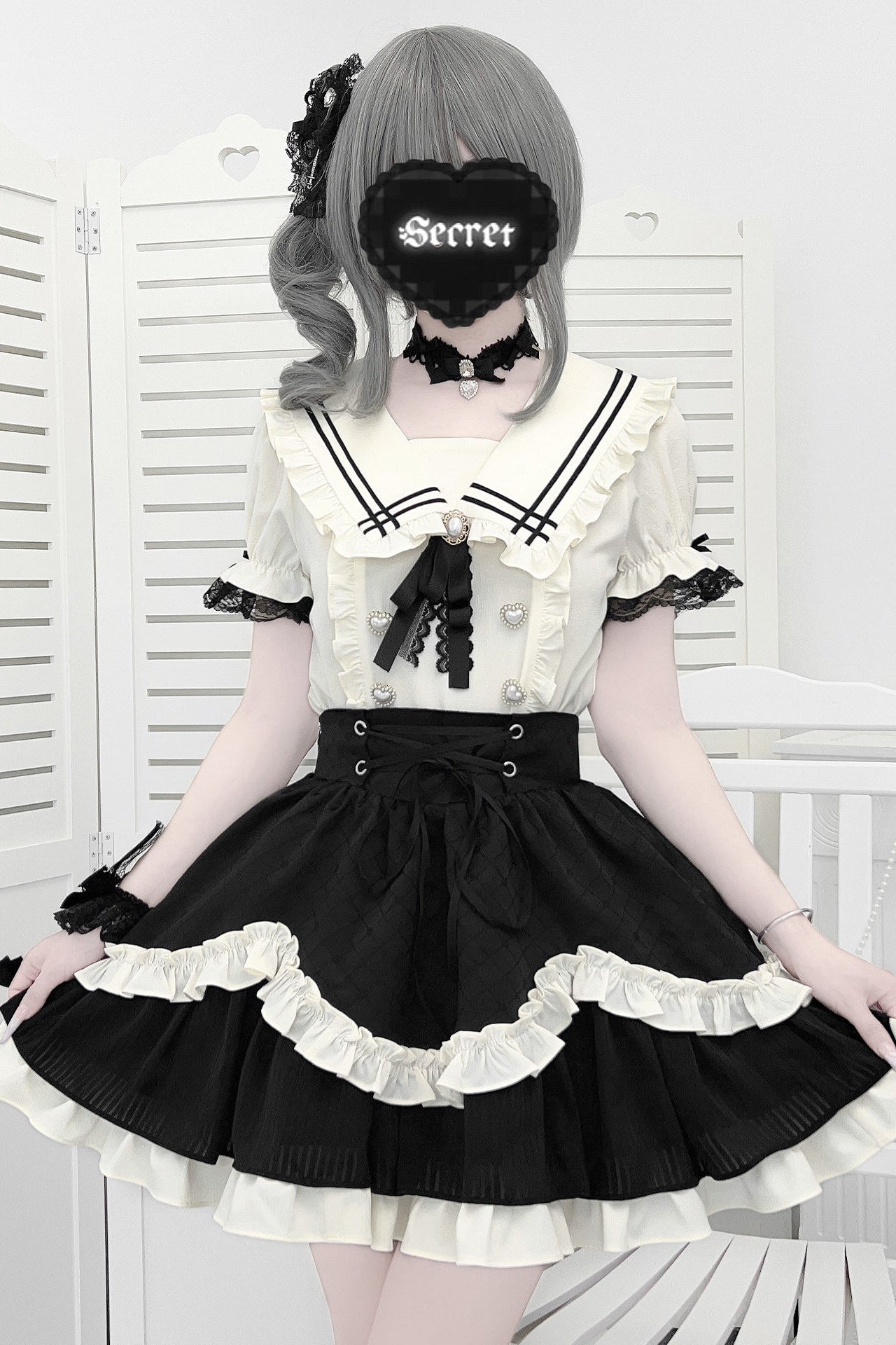 地雷ラインセーラートップス+フレアスカート