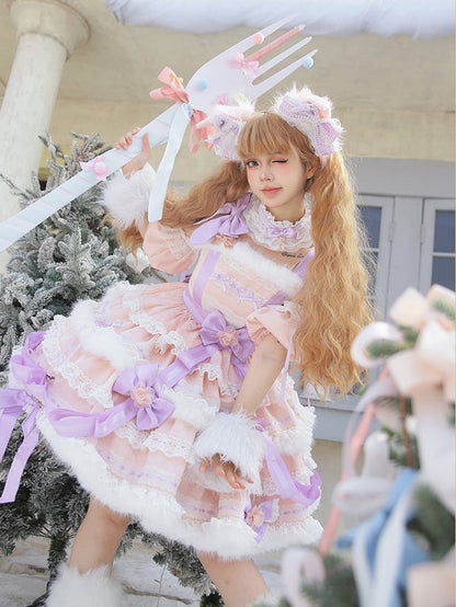 【12月26日予約締切】キャットファンタジーピンクパープルファーリボンティアードドレス＋猫耳ヘッドKC＋レースチョーカー