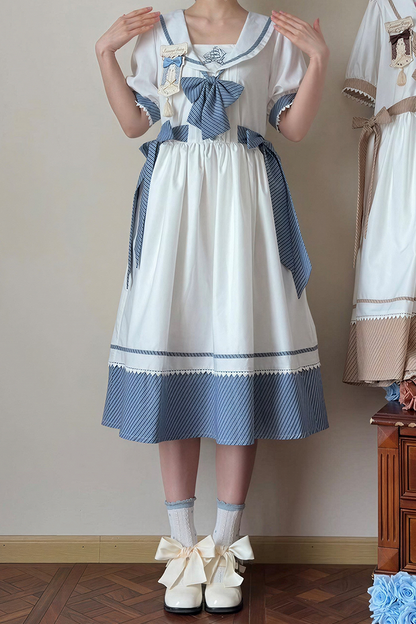 [Reservierungsschluss 28. Juni] 5 Farben/Sailor-Lolita-Streifenkleid mit Schleife und Puffärmeln