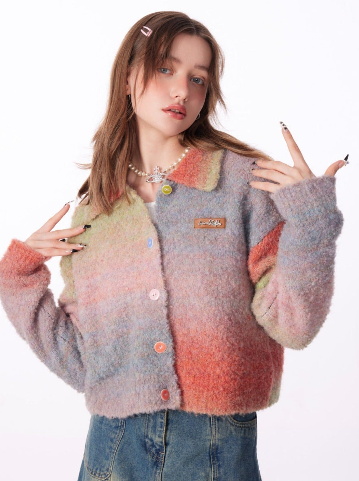 Gradient Polo Collar Soft Wax Wool Retro Cardigan