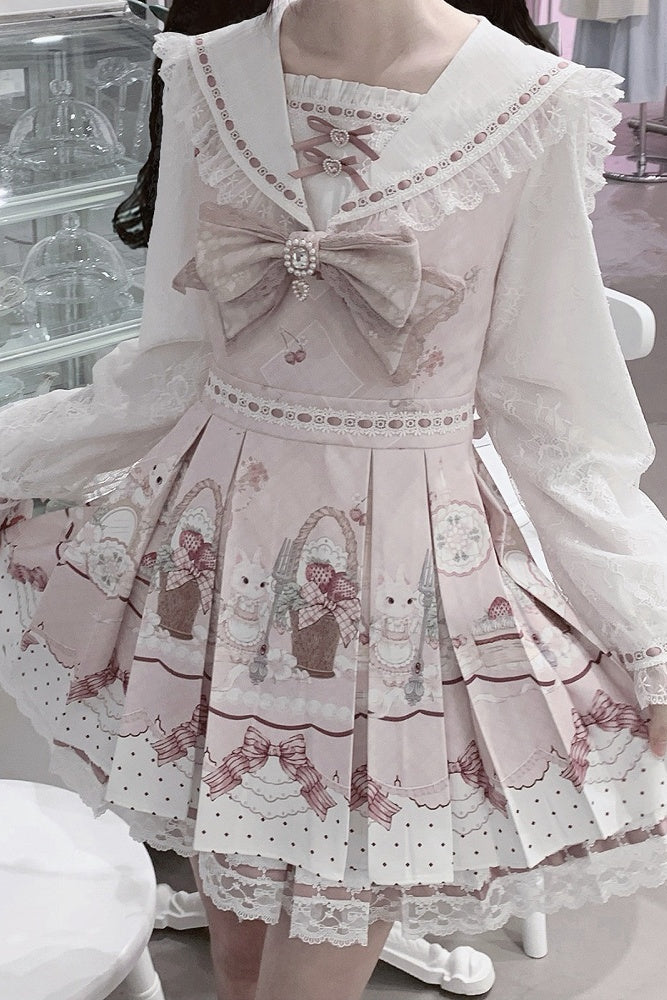 【8月30日予約締切】Pink and white rabbit print lace sailor collar Op dress +pleated dress skirt set＋ 3 Styles of Bow Tie Available