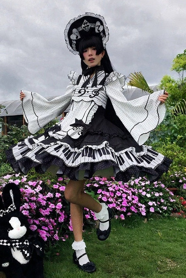 [Reservierungsschluss 15. August] Klassisches Piano-Lolita-JSK mit Rüschenträgern, Notenschleifen-Schürzenkleid-Set + Komplettset
