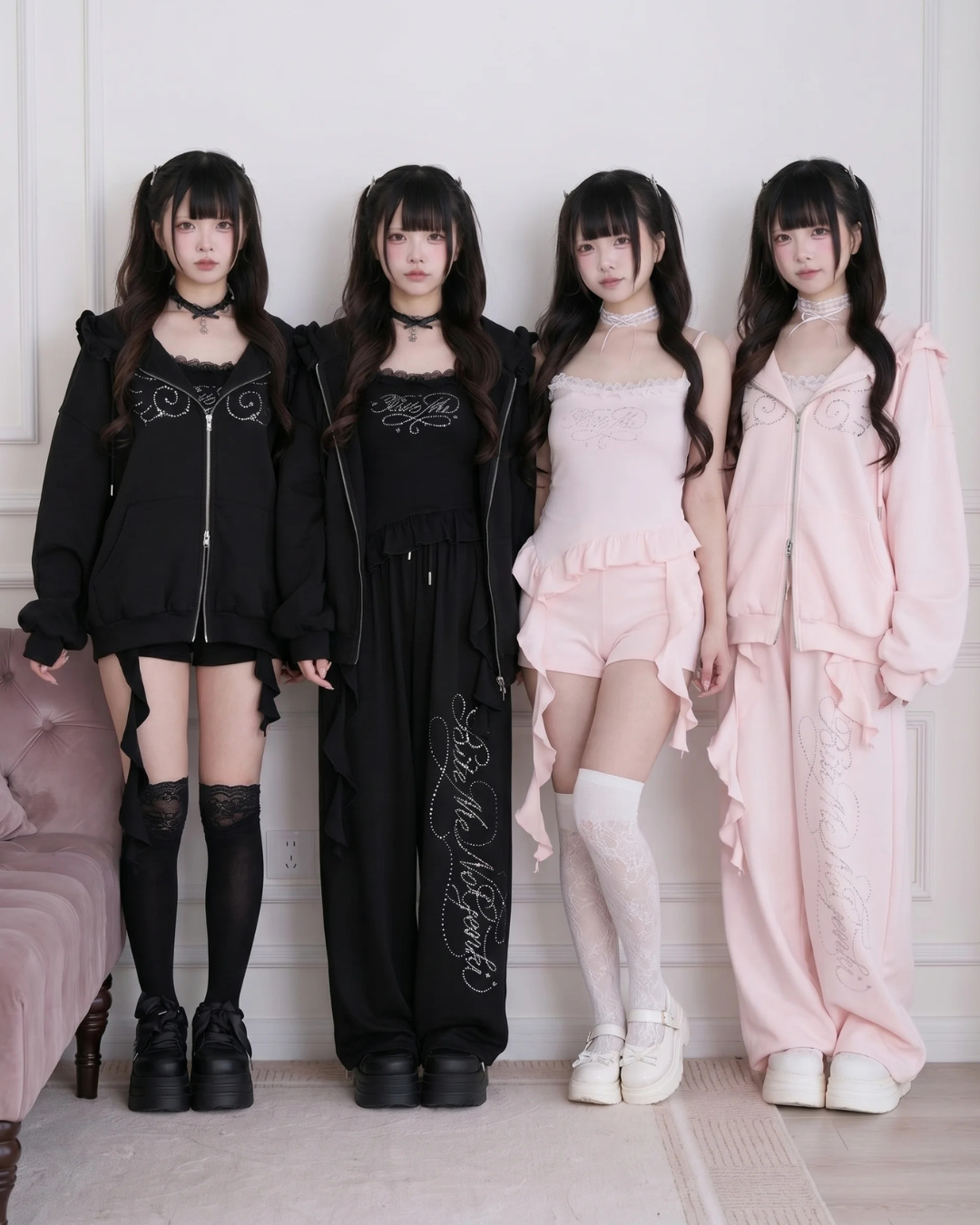 Lace Subculture Hooded Sweatshirt + Camisole + Shorts + Long Pants