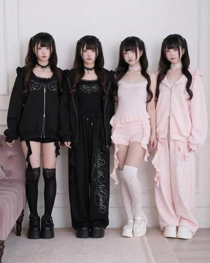 Lace Subculture Hooded Sweatshirt + Camisole + Shorts + Long Pants