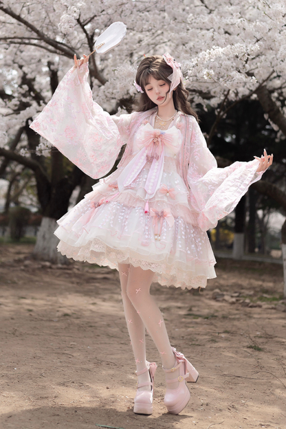 사쿠라 스위트 차이나 로리타 셔츠 + 목걸이 + 리본 + 베일 + 클립