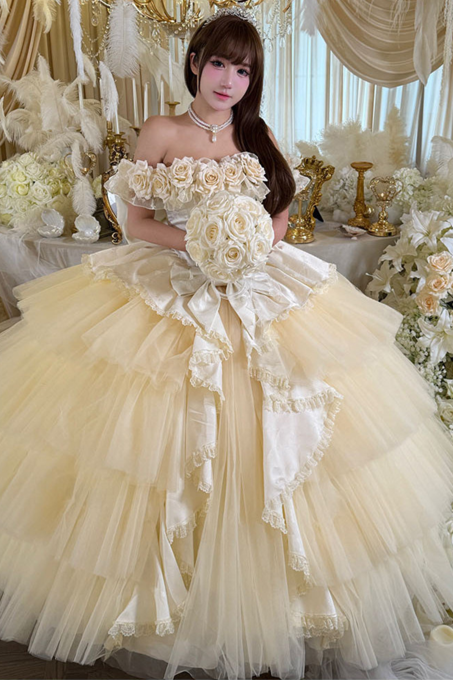 [예약상품] 4월 4일 예약마감]애프리콧 웨딩 로리타 원피스+숄+소매+리본 테일+베일