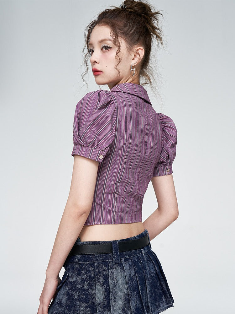 Violet striped puff sleeve short pleated shirt