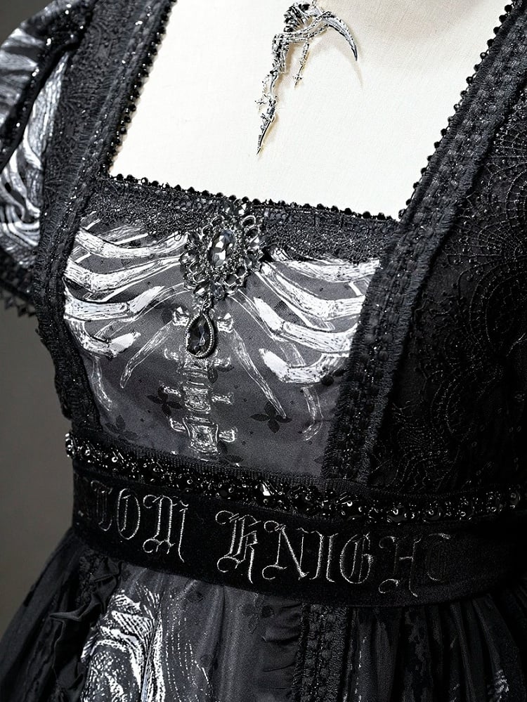 [Vorbestellung bis 8. Juni] Phantom Night Dark Gothic Square Neck Layered Kleid (mit Choker und Taillengürtel)