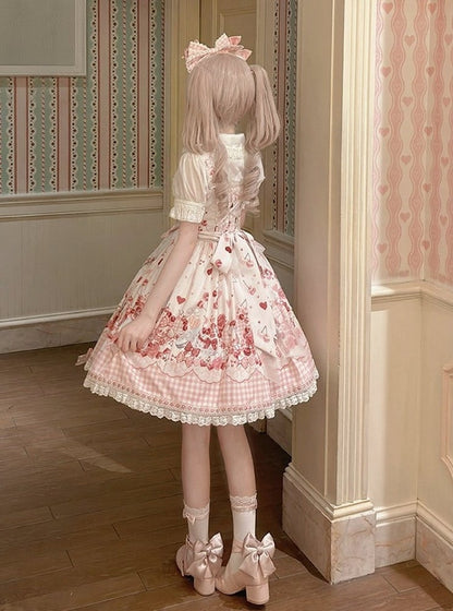 [Précommande jusqu'au 5 mai] Robe JSK à imprimé cerises roses, dentelle, ruban et tablier oreilles de lapin + accessoires