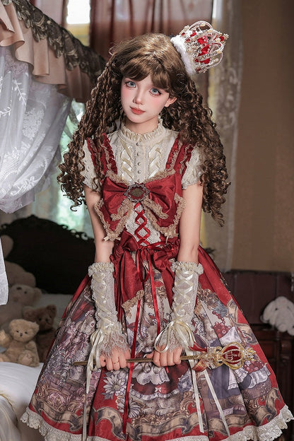 [Date limite de précommande : 7 août] Ensemble complet robe JKS vintage rouge à imprimé lapin histoire avec ruban antique + chemise à volants + manchettes lacées