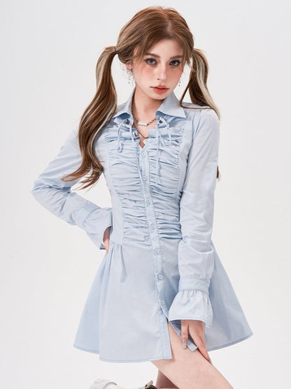 Voluminous Frilled Pleated Shirt Dress