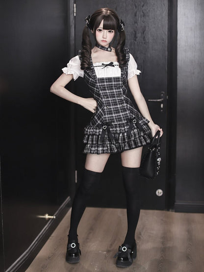 【4月29日予約締切】ブラックチェックフリルリボンパフスリーブミニドレスセットアップ＋チョーカー