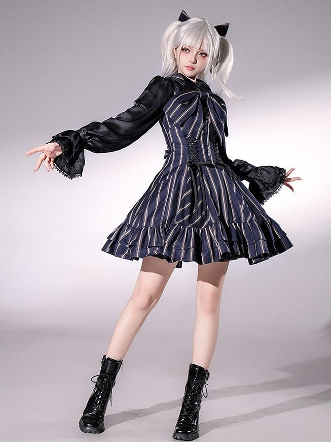 【12月29日予約締切】ゴシックロリータストライプリボンサスドレス