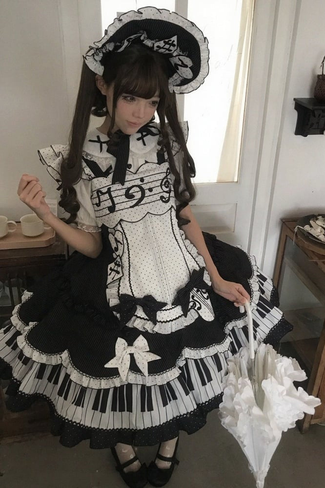 [Reservierungsschluss 15. August] Klassisches Piano-Lolita-JSK mit Rüschenträgern, Notenschleifen-Schürzenkleid-Set + Komplettset
