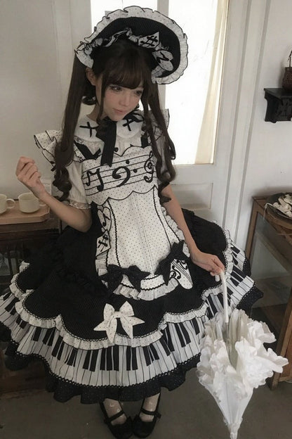 [Reservierungsschluss 15. August] Klassisches Piano-Lolita-JSK mit Rüschenträgern, Notenschleifen-Schürzenkleid-Set + Komplettset