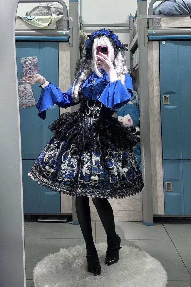 [Pre-order Deadline: June 19] Blue x Black / Blue x White Skull Rose Gothic Lolita Spiderweb Tulle JSK Dress