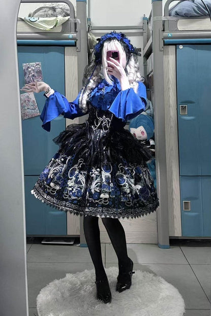 [Pre-order Deadline: June 19] Blue x Black / Blue x White Skull Rose Gothic Lolita Spiderweb Tulle JSK Dress