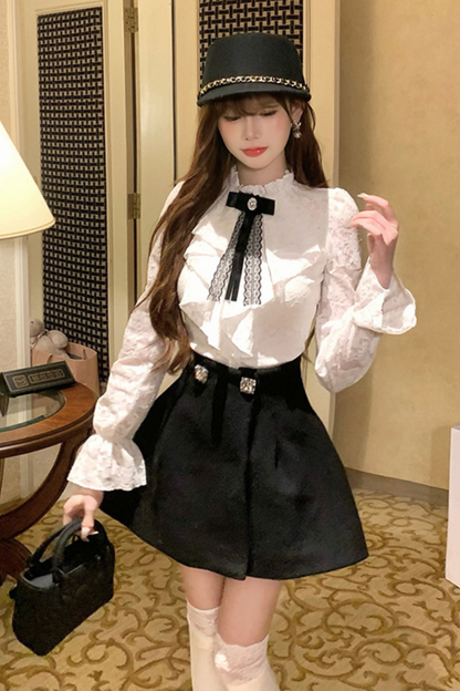 Berlin Gallery Elegant Ribbon Blouse + Flare Skirt