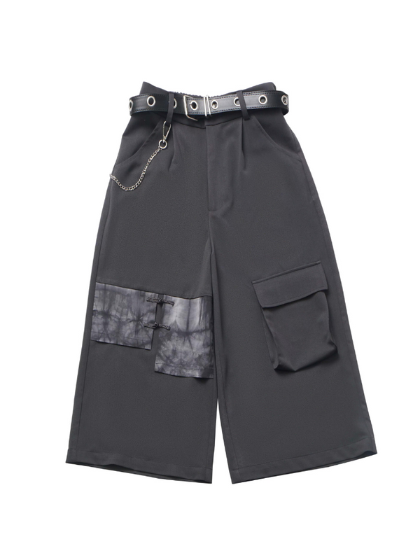 レースアップスリーブトップス+イレギュラーベージュスカート+ワイドパンツ