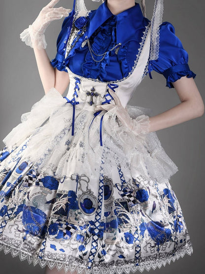 [Pre-order Deadline: June 19] Blue x Black / Blue x White Skull Rose Gothic Lolita Spiderweb Tulle JSK Dress