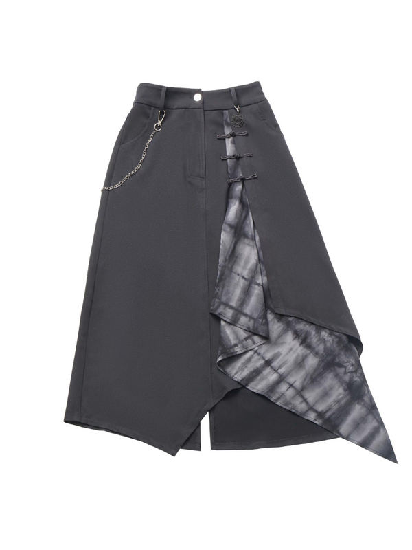 レースアップスリーブトップス+イレギュラーベージュスカート+ワイドパンツ