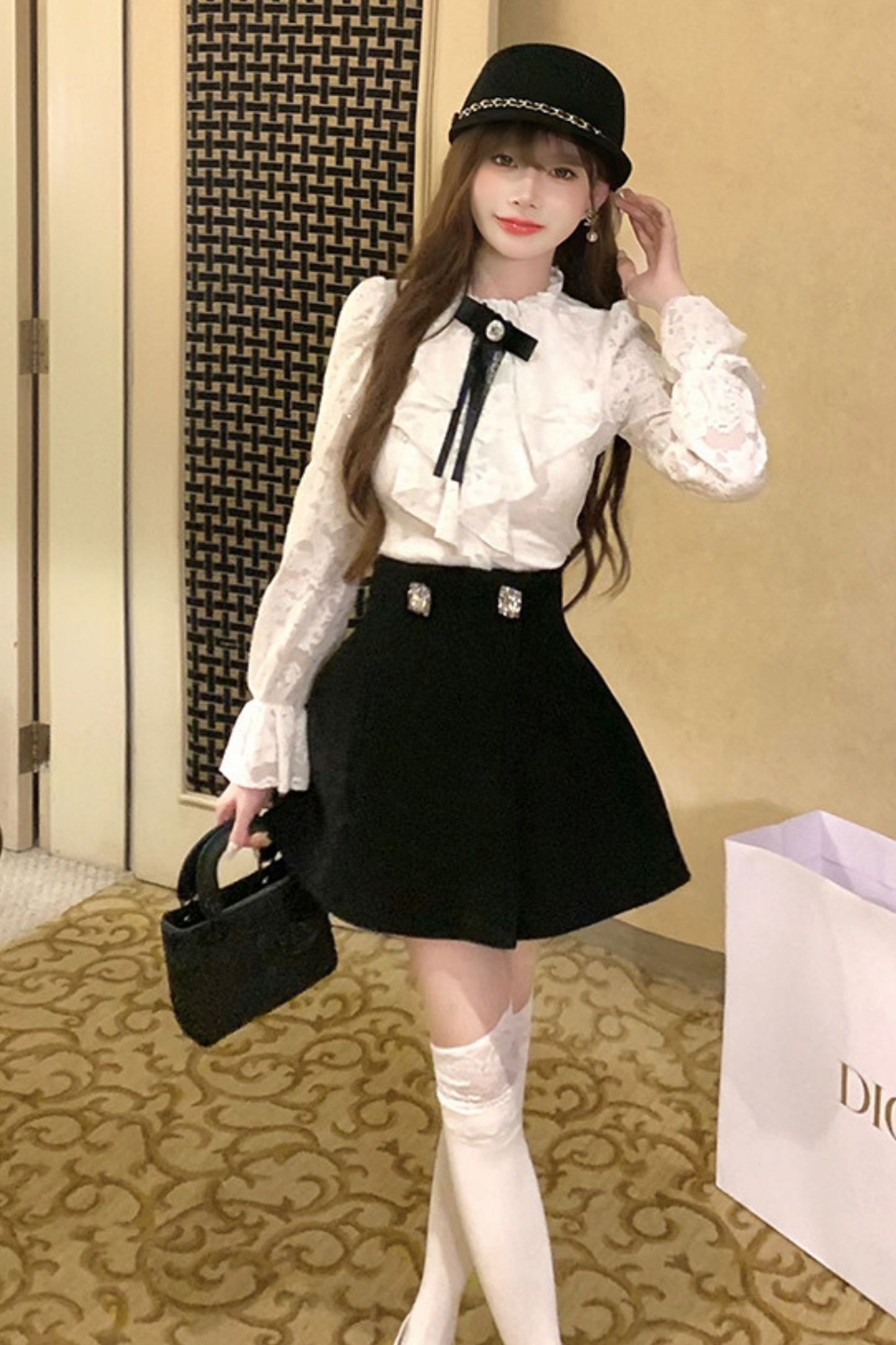 Berlin Gallery Elegant Ribbon Blouse + Flare Skirt