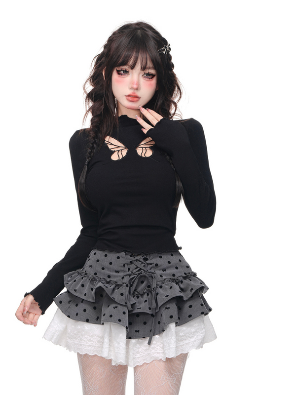 ワイルドカットアウトブラックレイヤートップス